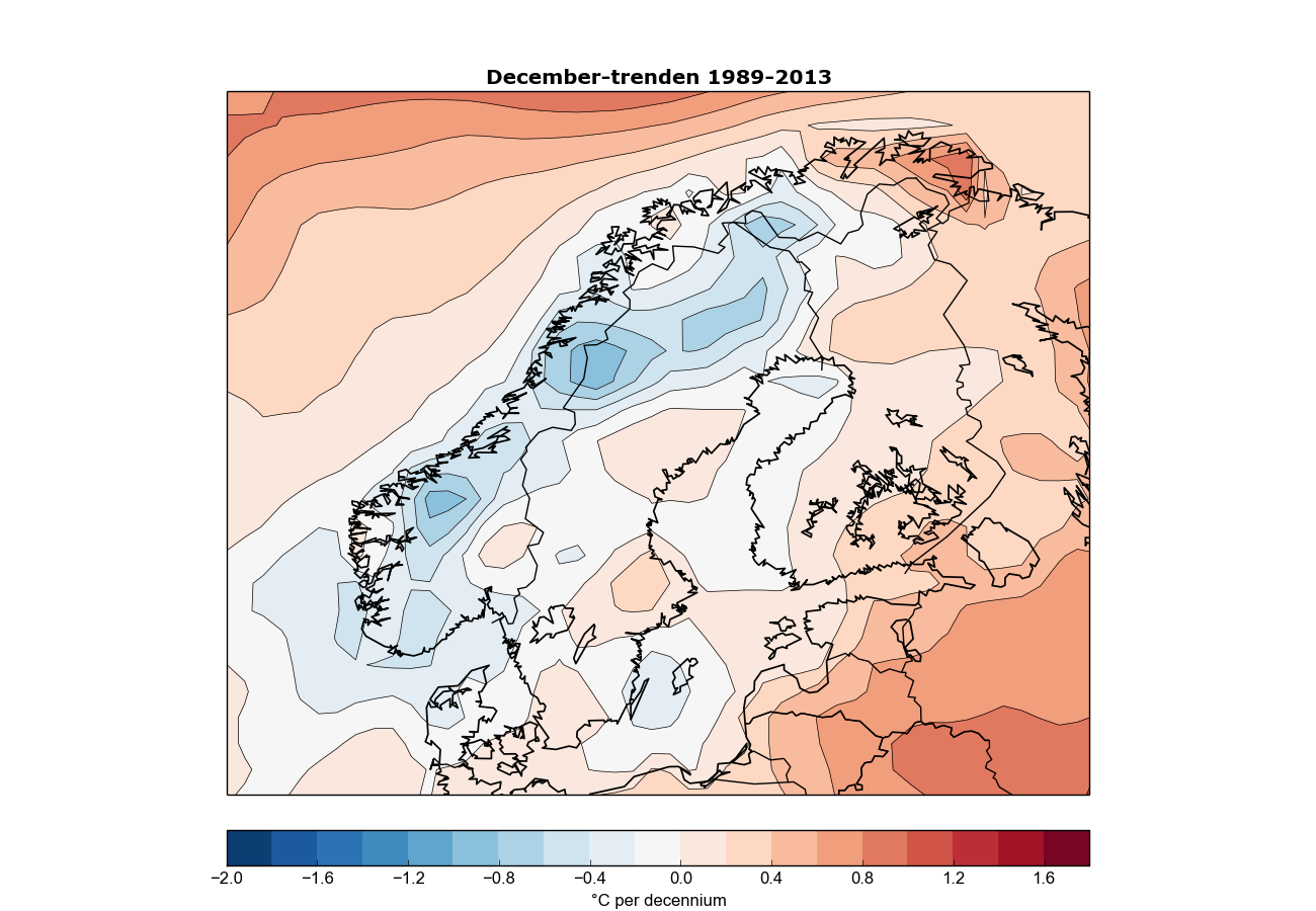 Är tomtens släde i fara? 2 Trenden för decembertemperaturen under de senaste 25-åren. (Data från ECMWF).